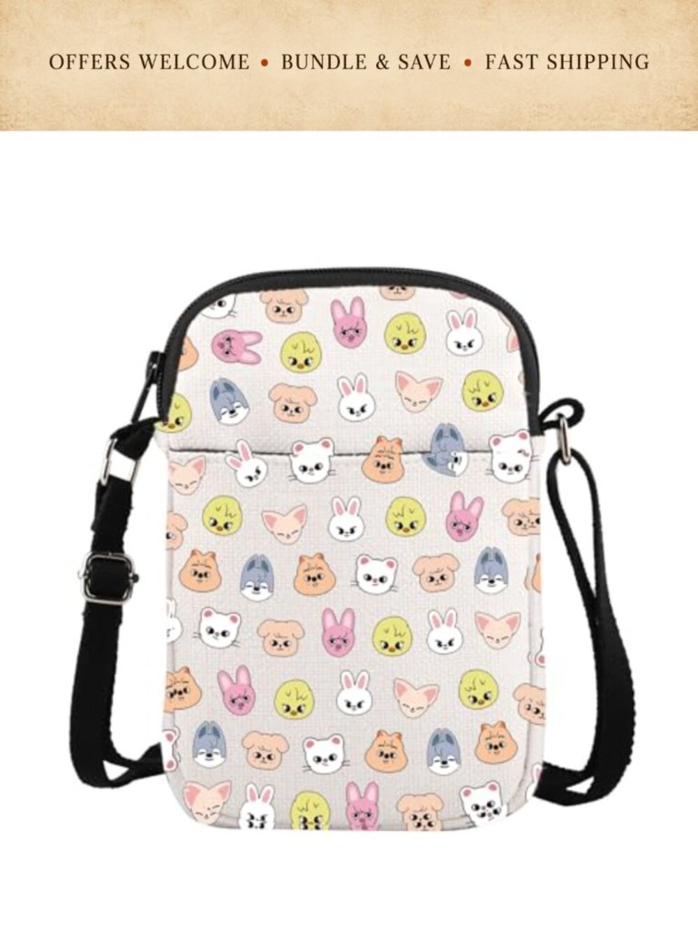 Canvas Crossbody Bag K-POP SKZOO Cartoon Print Zipper Purse Gift
